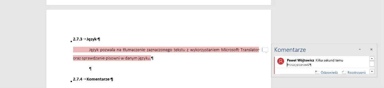 Obrazek przedstawiający Dodawanie komentarzy w Wordzie