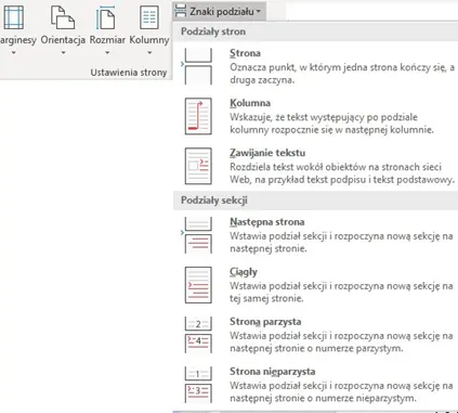 Obrazek przedstawiający Menu Podział Stron Word