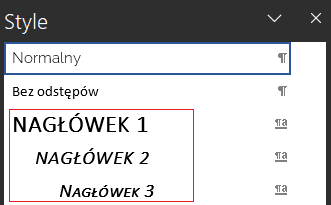 Wybieranie stylu Nagłówek z karty styli krok 2