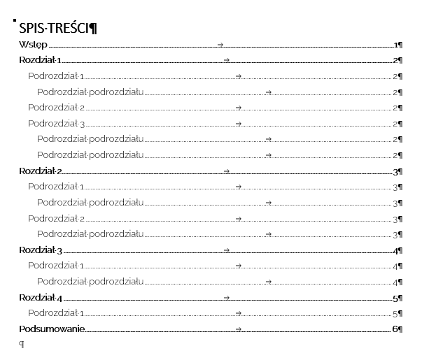 Wygenerowany spis treści w Wordzie