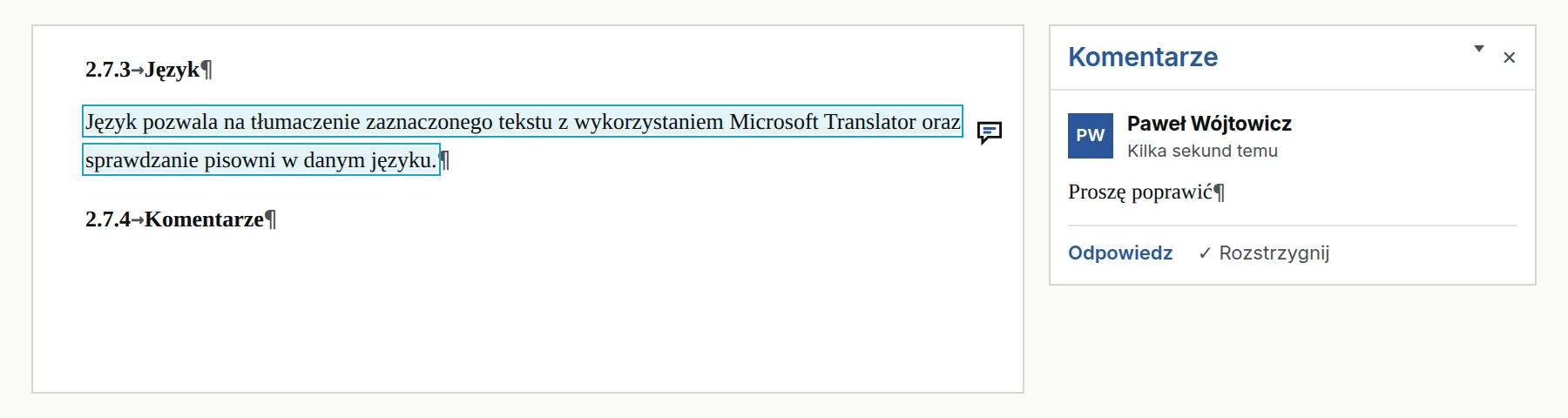 Obrazek przedstawiający Dodawanie komentarzy w Wordzie